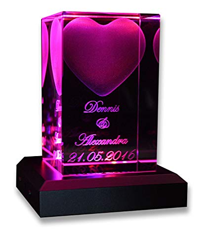 VIP-LASER Kristall Glas 3D Herz mit Wunschtext inkl. LED Leuchtsockel Silber & Gravur | Personalisiertes Geschenke für Frauen und Männer | Geschenkidee zu Weihnachten Muttertag Jahrestag Gravur