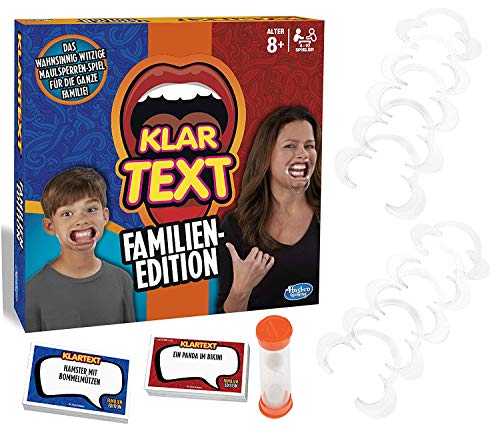 Hasbro Gaming Klartext Familien-Edition, Partyspiel mit Lachgarantie, Mit 6 Mundstücken für Kinder und 4 Mundstücken für Erwachsene, Spaß mit Familie und Freunden, Brettspiel ab 8 Jahren